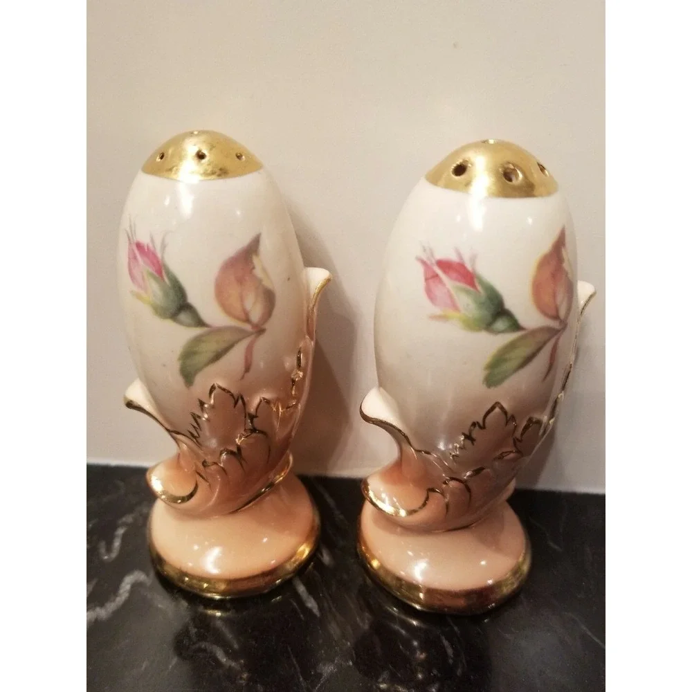 Vintage German Hand Painted Floral Salt and Pepper Shakers 4.25